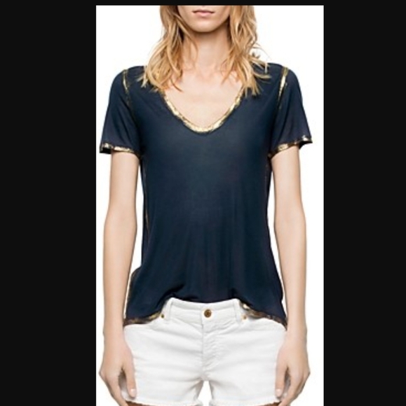 NWT Zadig & Voltaire Tino Gold Foil-Trimmed Tee - Picture 1 of 5